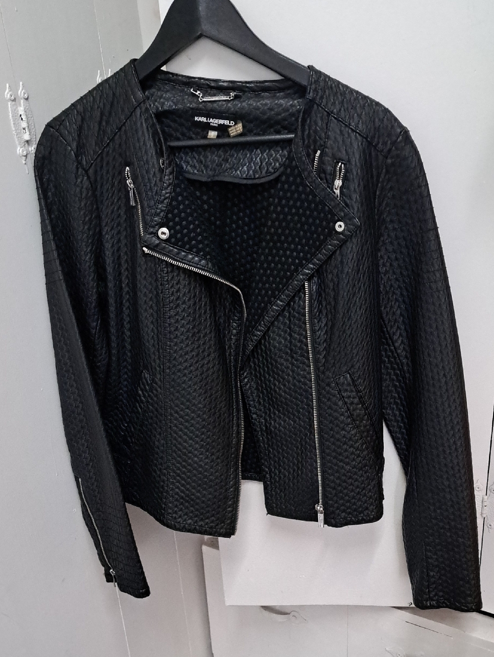 Karl Lagerfeld Black Quilted Asymmetrical Moto Jacket
